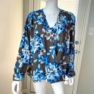 Chico’s Faux Wrap Blouse Grey/Blue/White Women SZ 3 Long Sleeve